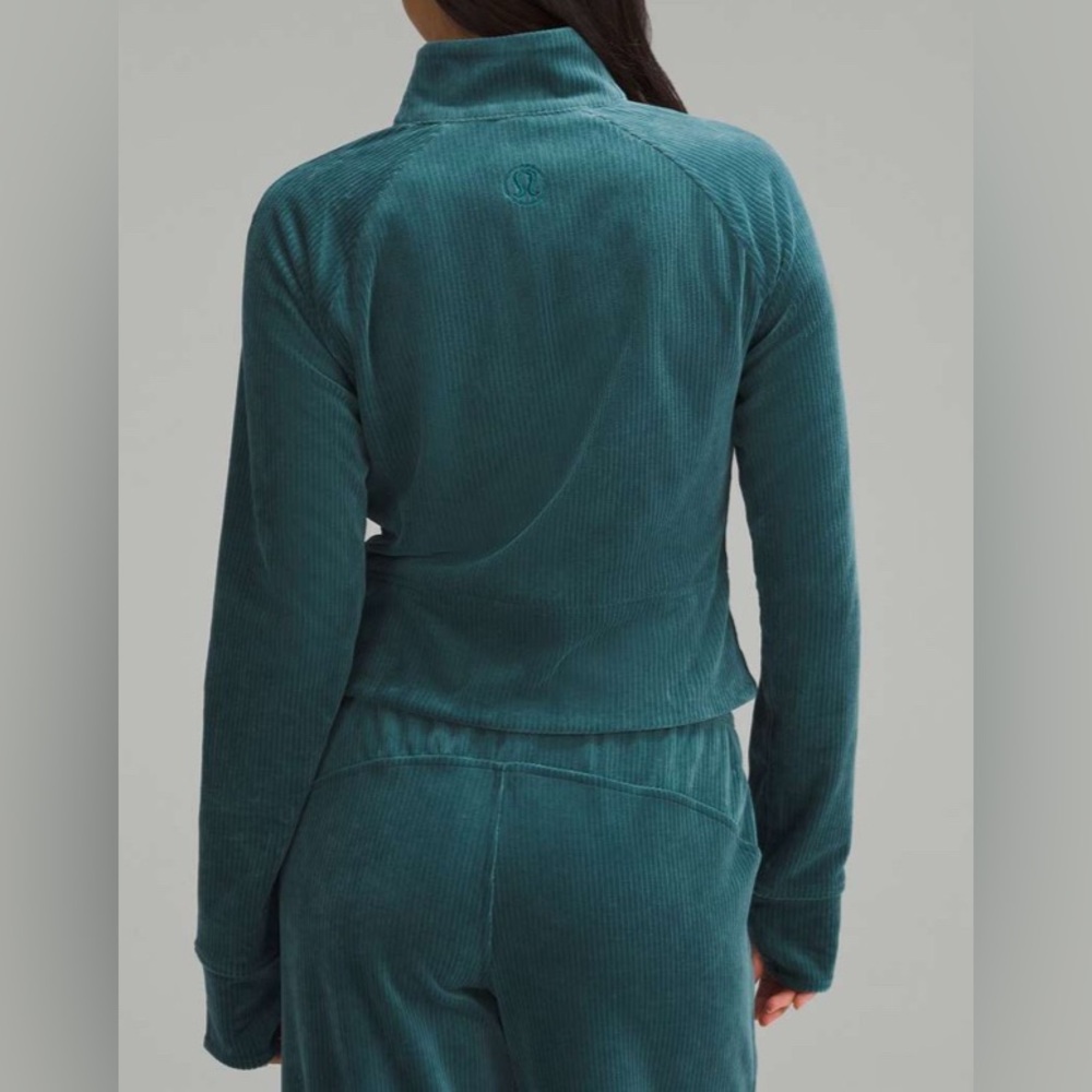 Lululemon Scuba Track Jacket Velvet Velour Cord Storm Teal Cotton Jersey‎ sz10 - Picture 2 of 8